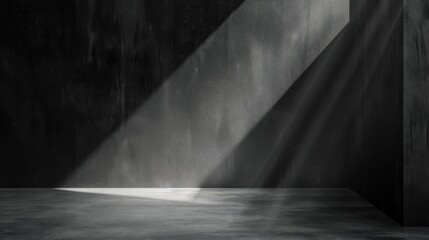 Poster - A single beam of light cuts through the darkness of a concrete room, casting a dramatic shadow across the floor and highlighting the textured surface of the wall.
