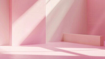 Poster - A pink room with a white platform in the corner is lit by sunlight streaming through a window, creating streaks of light across the walls and floor.