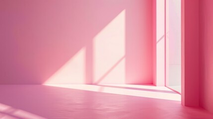 Poster - Sunlight streams through a large window in a room with pink walls and flooring. The sunlight casts soft shadows on the walls and floor. The room is empty and the light creates a warm, inviting atmosph