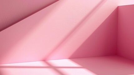 Poster - A large, empty room with light pink walls is illuminated by sunlight streaming through a window, casting long shadows on the floor and walls.