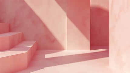Aufkleber - The image shows a pink room with stairs leading up to a wall. The sunlight streams in through a window, casting long shadows across the room.