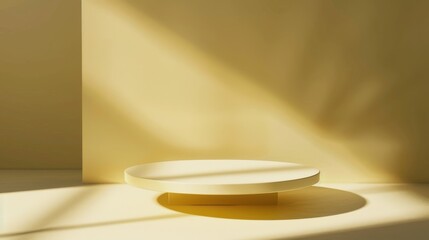Poster - A white platform sits on a pale yellow surface in a room with soft, natural lighting. Sunlight streams through a window, casting a warm glow across the platform. The backdrop is a plain, light yellow 