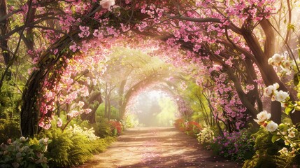 Wall Mural - A pathway lined with blooming pink trees forms a beautiful tunnel in the middle of a lush forest. Sunlight filters through the leaves, casting a golden glow on the path ahead. The air is filled with t