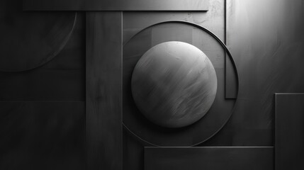 Leinwandbilder - A close-up shot of a modern interior wall with circular and rectangular recessed panels, creating a geometric pattern. A large, round, textured disc sits within a slightly larger circular frame, all p
