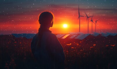  modern battery energy storage system with wind turbines and solar panel power plants in the background at sunset design 