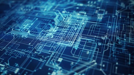 Poster - A detailed close-up of a stylized circuit board pattern rendered in a blue color scheme. The pattern is abstract and resembles a network of intricate lines and connections.