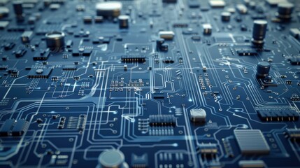 Poster - A close-up view of a circuit board, showing the complex network of integrated components and traces. The board is blue with white traces, and the components are arranged in a seemingly random order. T