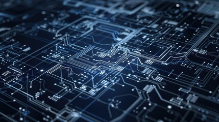 Poster - A close-up view of a circuit board, showing a network of intricate white lines and glowing blue points, highlighting the complex pathways of data flow within a digital device.