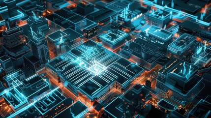 Leinwandbilder - A digital rendering of a futuristic cityscape, depicted as a circuit board with glowing blue lines connecting the buildings. The city is lit up with orange lights, creating a contrast against the dark