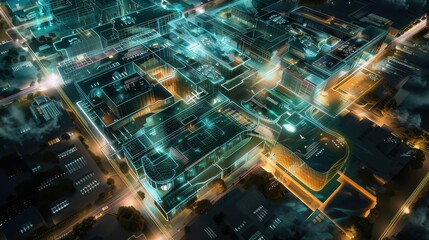 An aerial view of a city at night, with a digital overlay of glowing blue and green lines. The overlay is a network of lines and shapes that show a complex technological system.