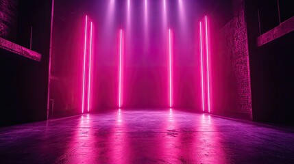 Poster - Empty room with pink neon lights. Perfect for showcasing products or creating a futuristic vibe.