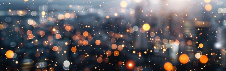 Leinwandbilder - A blurred view of a city at night with many lights, creating a bokeh effect. The lights appear as small circles of various colors, with a blue background.
