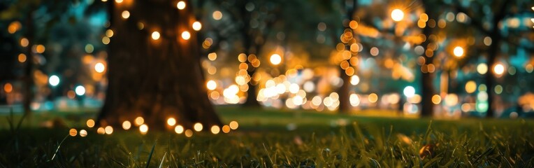 A low angle view of a tree trunk with warm, white fairy lights wrapped around it. The tree is in a park with lush green grass in the foreground and a blurred background of trees and string lights.