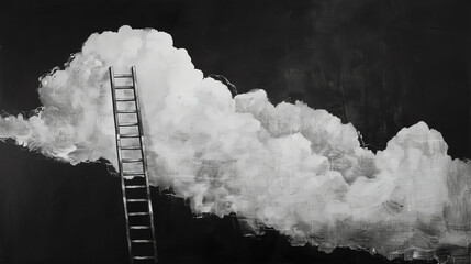 A black and white image of a ladder leading up to a cloud.

