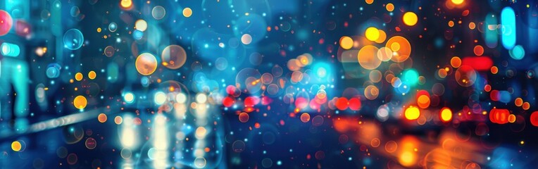 Leinwandbilder - A photograph of an abstract cityscape at night. Out-of-focus lights create a colorful, bokeh effect. The scene is full of bright, vibrant colors, including blue, red, orange, and yellow.