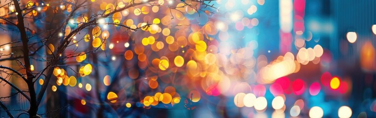 Leinwandbilder - A tree branch with bare branches is in the foreground, with bright lights from a city in the background. The lights create a blurred effect, with the colors of red, yellow, and orange dominating the i