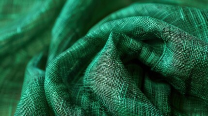 A close-up image of a green fabric with a subtle pattern. The fabric is wrinkled, creating interesting folds and shadows. The texture of the fabric is visible, with a fine woven pattern that appears s