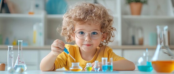 Curious child experiments with colorful liquids in a classroom, promoting science education and creativity in young minds.