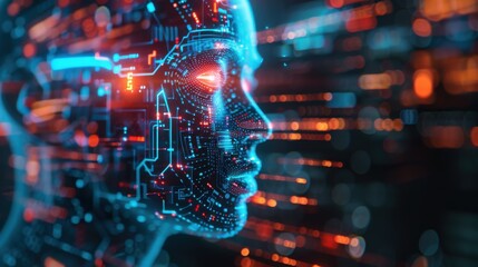 Leinwandbilder - A digital representation of a human face is rendered in blue and red, appearing to be constructed from circuitry and data lines. The face is in profile, with the background appearing as a blurred back