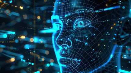 Poster - A digital human face rendered in blue with a wireframe effect. The background is a dark blue abstract pattern of lines and circles. The face is looking to the left, and the eye is the most prominent f