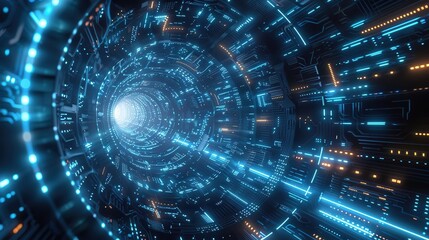 Aufkleber - A digital tunnel with glowing blue and orange lights. The tunnel is composed of a series of concentric rings, each with a different pattern of circuitry. The light at the end of the tunnel is bright a