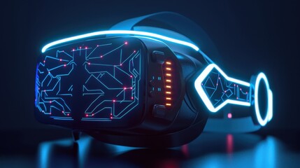 Fototapete - A close-up shot of a futuristic virtual reality headset, rendered in 3D, showcasing glowing blue and orange lights. The headset features a circuit board design, suggesting advanced technology. The dar