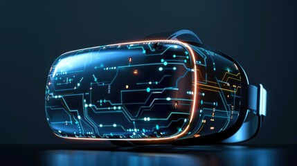 Aufkleber - A close-up shot of a virtual reality headset with a circuit board design on the display. The headset is illuminated with blue and orange lights, creating a futuristic aesthetic.