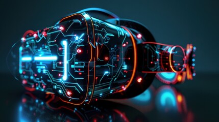 Aufkleber - A close-up shot of a sleek, futuristic virtual reality headset resting on a reflective surface. The headset is illuminated by bright blue and red lights, highlighting the intricate circuitry visible o