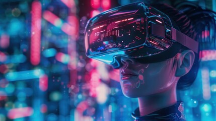 Fototapete - A person wearing a virtual reality headset stands in front of a blurry cityscape with bright pink and blue neon lights. The headset is advanced and has a futuristic look.
