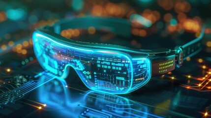 Fototapete - A pair of futuristic goggles with a blue, digital display are resting on a circuit board with glowing lights in the background.