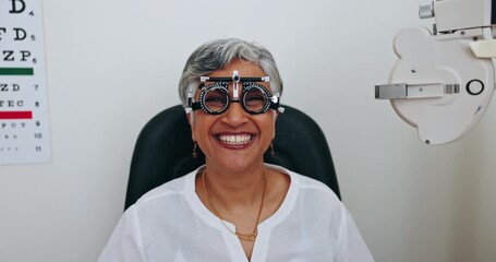 Poster - Eye exam, trial frame and happy woman, patient or client smile for vision test, ocular assessment or optical wellness. Happiness, optometry sight lens or portrait person with eyeglasses equipment