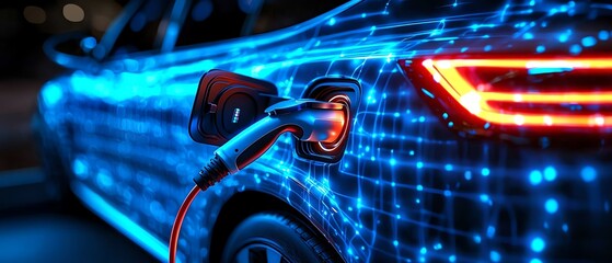 An electric car charging with vibrant, illuminated blue patterns showcasing modern technology and innovation. Electric Vehicle Charging concept.