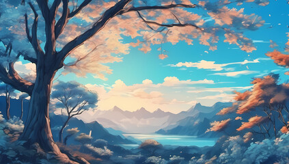 Fantasy anime forest lake trees woods cartoon blue sky