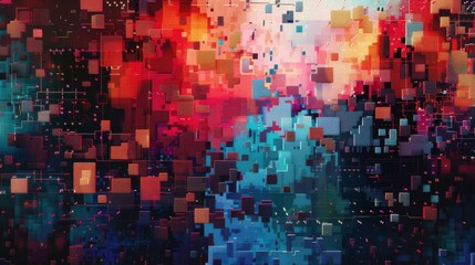 Poster - A digital art piece depicting a background of colorful squares with various shades of red, orange, blue, and teal. The squares are layered on top of each other, creating a sense of depth and dimension