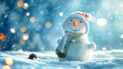 Wall Mural - A cheerful snowman stands in a snowy landscape, wearing a white hat and scarf, with bokeh lights creating a magical atmosphere