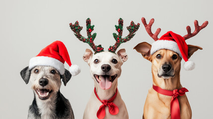 banner close-up hide three dogs pet celebrating christmas wearing a reindeer antlers diadem, santa hat and red ribbon. Isolated on snowy blue festive background.