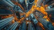 © samrit - Aerial view of a vibrant financial district with towering skyscrapers and multi-lane roads weaving through the city blocks