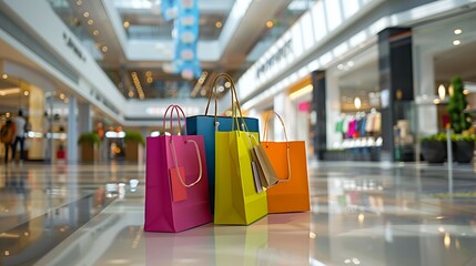 Wall Mural - Colorful shopping bags on a shiny floor in a shopping mall.