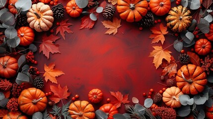 Wall Mural - An autumn frame featuring leaves and pumpkins set against a red plaid background, viewed from above in a flat lay style, capturing the essence of the season.