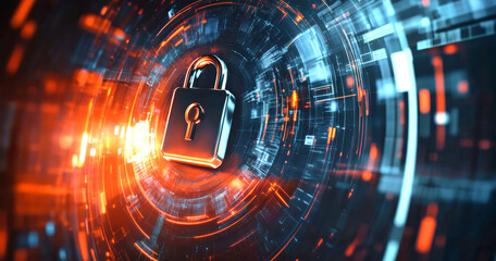 A digital padlock symbolizes advanced security technology highlighted amidst a network of vibrant data streams, emphasizing cyber safety and protection