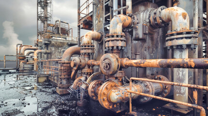 Water rushes vigorously from the old pumping station, surrounded by rusted pipes, illuminated by soft light on a moody, overcast day