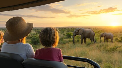 A serene safari scene with two children observing elephants against a sunset backdrop in the African landscape.