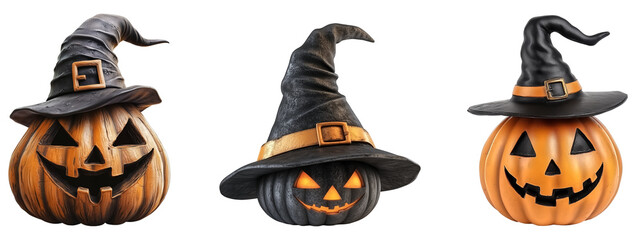 Set of jack o lantern with a witch's hat, carved pumpkin with a funny face, halloween decoration, isolate on transparent background