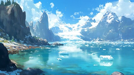 A majestic glacier bay with icebergs floating in crystal-clear water 