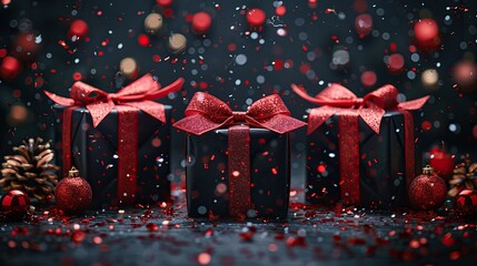 A festive scene of red party streamers, gift boxes, and confetti on a black background, representing a Black Friday and Christmas New Year celebration concept.