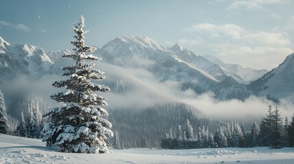 Wall Mural - A lone pine tree covered in snow stands in front of a snowy mountain range.