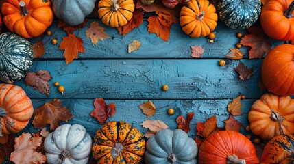 Wall Mural - An autumn harvest flat lay top view featuring pumpkins and gourds on a wooden table, designed as a Thanksgiving Day banner.