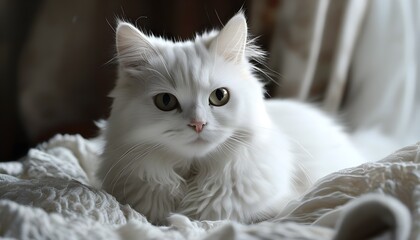 Wall Mural - A white long-haired cat was lying quietly on the soft bed with a gentle expression