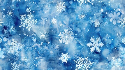 Wall Mural - A watercolor painting featuring a blue background with scattered white snowflakes of varying sizes, creating a wintery scene. The snowflakes are depicted in a stylized manner, with intricate details. 