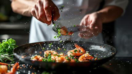 A chef is cooking shrimp in a pan, adding green herbs.

